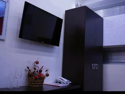 a black cabinet with a flat screen tv on a wall at M Central Park in Niš