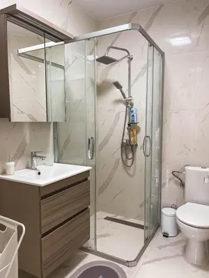 a bathroom with a shower with a sink and a toilet at Apartmani TEO in Prokuplje