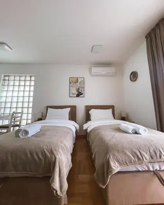 two beds sitting next to each other in a room at Apartmani TEO in Prokuplje