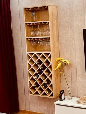 a wooden wine cabinet with wine glasses in it at Apartman Branković Pirot-Zapadni Kej 58 in Pirot