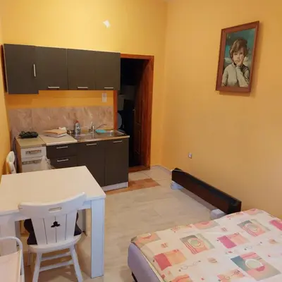 a small kitchen with a table and a bed at Soba Lara in Kruševac