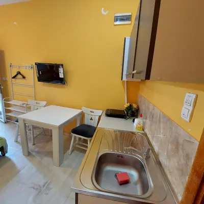 a kitchen with a sink and a table at Soba Lara in Kruševac