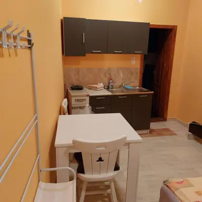 a kitchen with a white table and a sink at Soba Lara in Kruševac