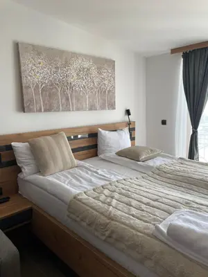 two beds in a bedroom with a painting on the wall at Apartmani NLUX and SPA in Kopaonik