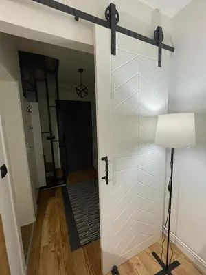 a sliding barn door in a room with a lamp at Apartman Element in Kruševac