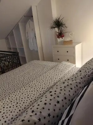 a bedroom with a bed with a black and white comforter at Apartman Element in Kruševac