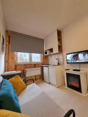 a living room with a couch and a tv and a kitchen at Studio Potocic in Kopaonik