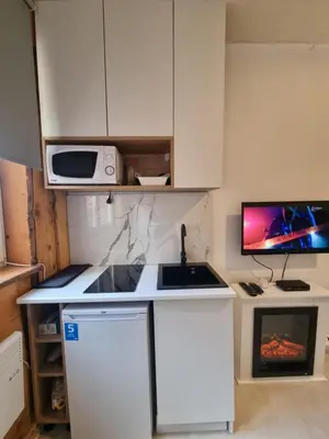 a small kitchen with a stove and a microwave at Studio Potocic in Kopaonik