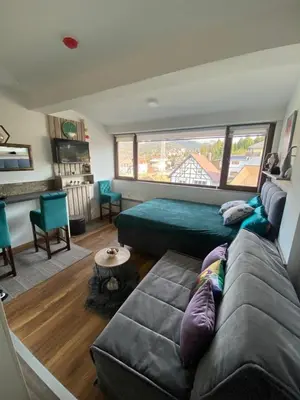 a living room with a couch and a large window at President Kop Apartman A843 in Kopaonik
