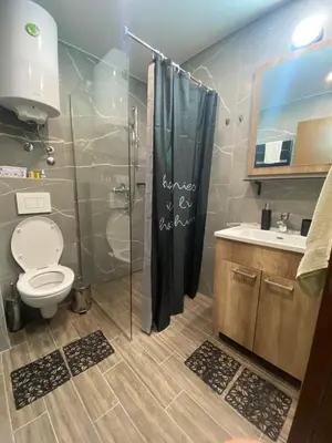 a bathroom with a shower and a toilet and a sink at President Kop Apartman A843 in Kopaonik