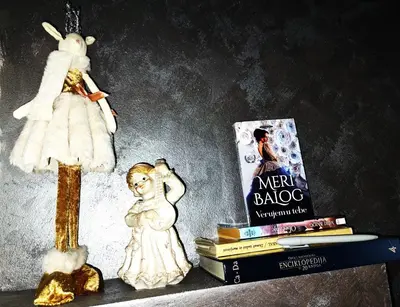 a shelf with a doll and a book and a toy rabbit at Apartman Raj in Vrnjačka Banja
