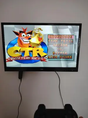 a flat screen tv with a video game on it at Apartman Raj in Vrnjačka Banja