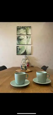 two coffee cups sitting on a wooden table at Suncana Planina Glory-Kop in Kopaonik