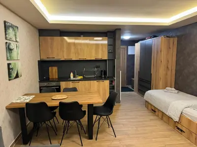 a room with a table and chairs and a bed at Suncana Planina Glory-Kop in Kopaonik