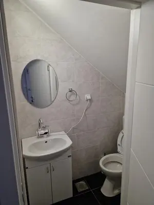 a bathroom with a sink and a mirror and a toilet at Apartman Paradiso in Pirot