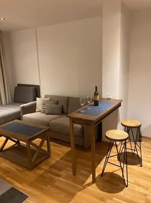a living room with a couch and a table with wine glasses at Apartman Jelka Brzece in Brzeće