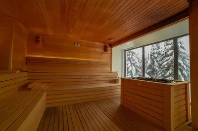 a sauna with a window in a wooden room at Apartman La Foresta Kopaonik in Kopaonik