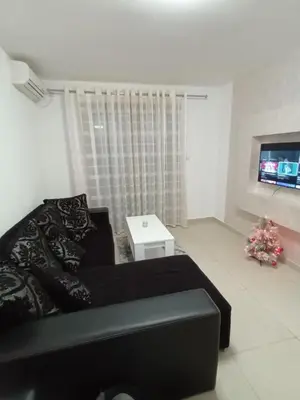 a living room with a black couch and a tv at Apartman Romantic in Vrnjačka Banja