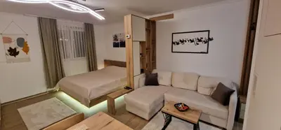 a living room with a couch and a bed at CentralKop in Kopaonik