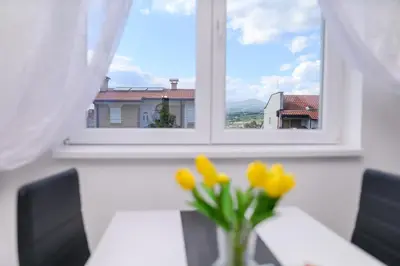 a vase of yellow flowers sitting in front of a window at Apartman MASTER in Soko Banja