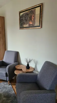 a living room with two blue couches and a table at MS Apartman in Vrnjačka Banja