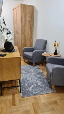 a living room with two blue chairs and a rug at MS Apartman in Vrnjačka Banja