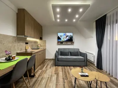 a kitchen and living room with a couch and a table at Gencian resort in Kopaonik