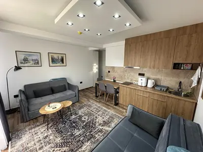 a living room with a couch and a table at Gencian resort in Kopaonik