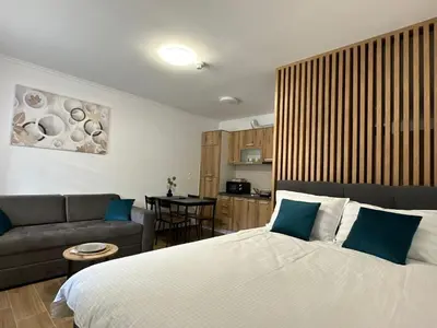 a bedroom with a bed and a couch and a kitchen at Apartman BM403 in Kopaonik