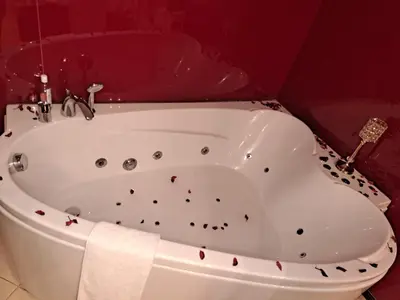 a bath tub in a bathroom with hearts on it at Queen 2 in Niš