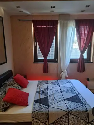 a bedroom with two beds and two windows at Queen 2 in Niš