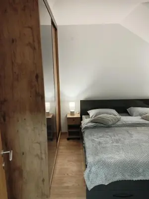 a bedroom with a bed and a large mirror at Apartman Nađa in Soko Banja