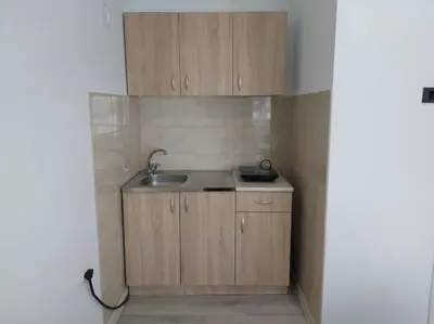 a kitchen with wooden cabinets and a sink at Apartman Aleksić u centru grada in Knjazevac.