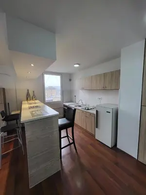 a kitchen with a counter and a white refrigerator at Apartman Nina in Niš