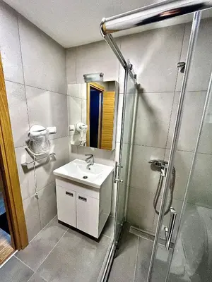 a bathroom with a sink and a shower at Amarilis Apartman in Kopaonik