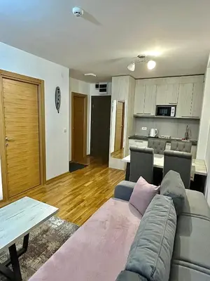 a living room with a couch and a kitchen at Amarilis Apartman in Kopaonik