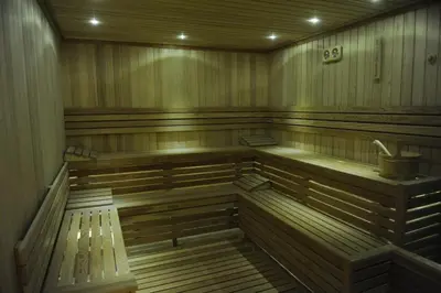 a sauna with wooden benches in a room at Apartman Čardaka 11/42 in Kopaonik