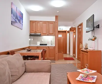 a living room with a couch and a kitchen at Apartman Sakovic in Kopaonik