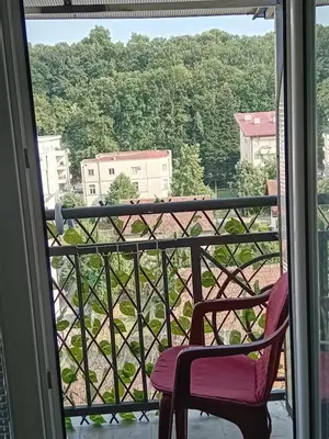 a chair sitting on a balcony with a view of trees at Apartman Vrnjacka zora in Vrnjačka Banja