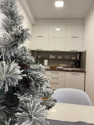 a christmas tree in a kitchen with a table and a chair at Apartman Tea in Kopaonik