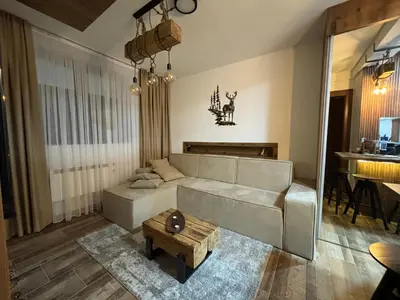 a living room with a couch and a table at Apartman 16 Pancic in Kopaonik