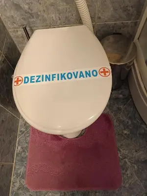 a bathroom with a toilet with a red rug at Apartman M & B in Niš