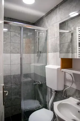 a bathroom with a shower and a toilet and a sink at Gora Apartments Premium Lodge - Stara Planina in Balta Berilovac