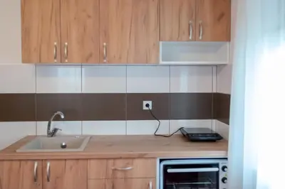 a kitchen with a sink and a microwave at Gora Apartments Premium Lodge - Stara Planina in Balta Berilovac