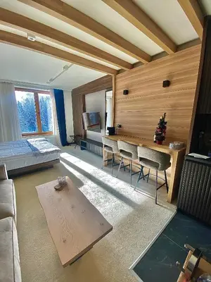a living room with a couch and a table at Woodside Kopaonik & SPA by Slopeview in Kopaonik