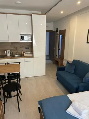 a living room with a blue couch and a kitchen at Milmari N53 in Kopaonik
