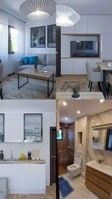 four different views of a living room and a kitchen at Glečer Apartman 6 in Kopaonik