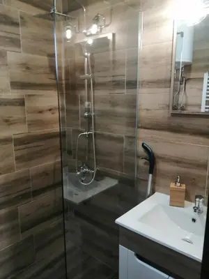 a bathroom with a shower and a sink at Vikendice Karamarković in Goč