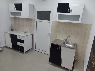 a small kitchen with a sink and a door at Apartman Aleksić u samom centru grada in Knjazevac.