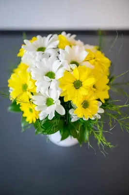 a bouquet of yellow and white flowers in a vase at Apartman Nataly in Niš